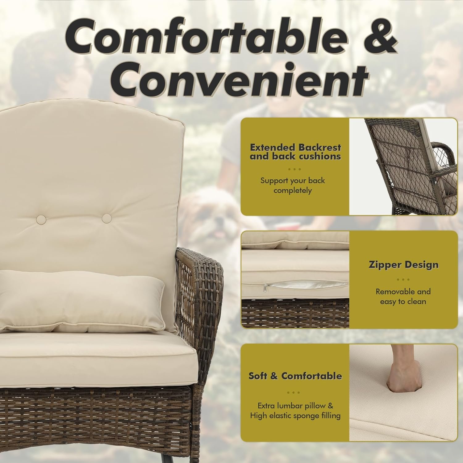 3 Piece Rocking Bistro Set Wicker Outdoor Patio Chairs Rattan Conversation Sets with Coffee Table for Patio, Porch, Backyard, Balcony, Poolside and Garden (Beige) - Image 5