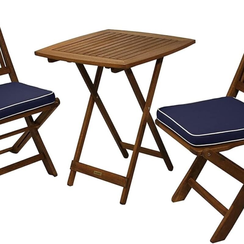 Outdoor Interiors Eucalyptus Wood 3-Piece Square Foldable Bistro Outdoor Furniture Patio Set, Table and 2 Chairs with Cushions, Blue