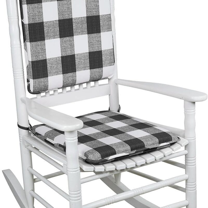 Klear Vu Porch Rocking Chair Cushion Set for Indoor and Outdoor Use, Assembled in The USA, Easy to Clean Stylish Seat and Back Pads with Fabric Ties, 20" x 17" x 2", Jurby Black/White