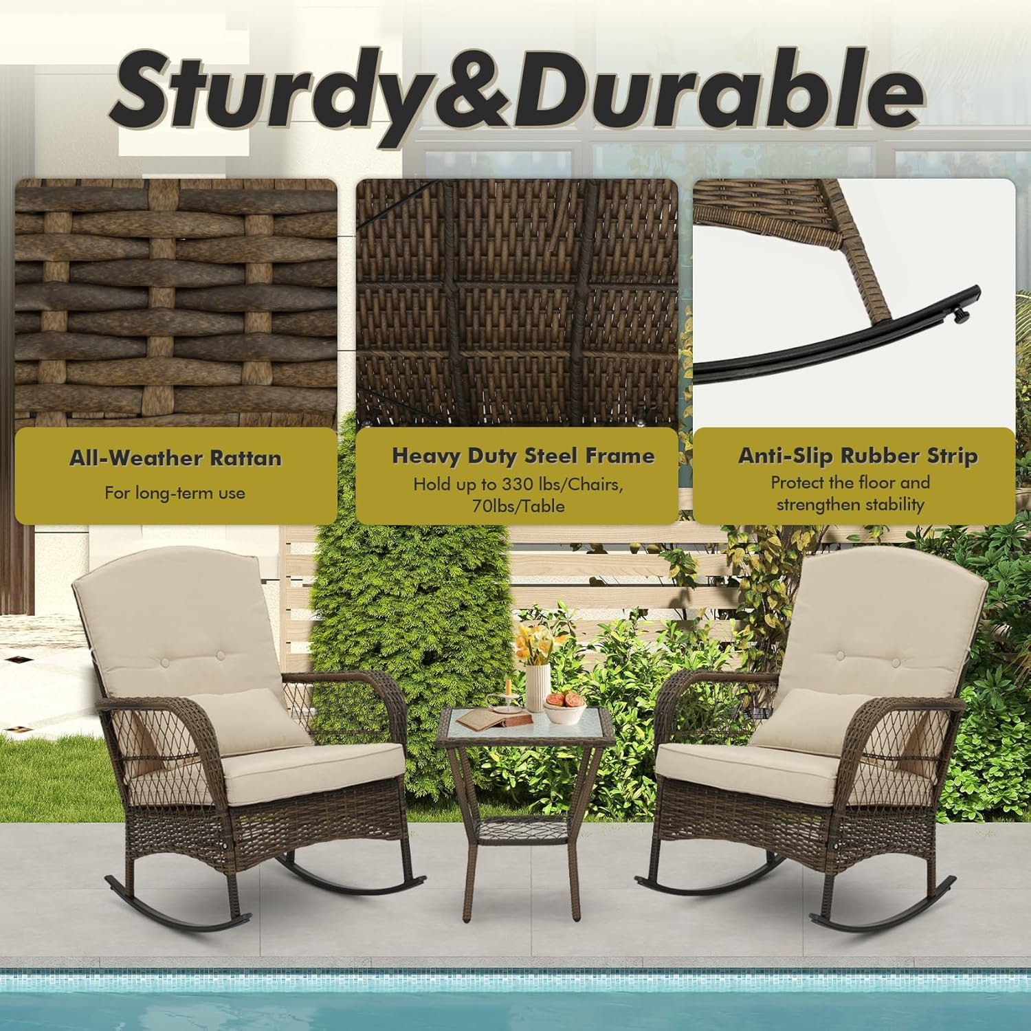 3 Piece Rocking Bistro Set Wicker Outdoor Patio Chairs Rattan Conversation Sets with Coffee Table for Patio, Porch, Backyard, Balcony, Poolside and Garden (Beige) - Image 4