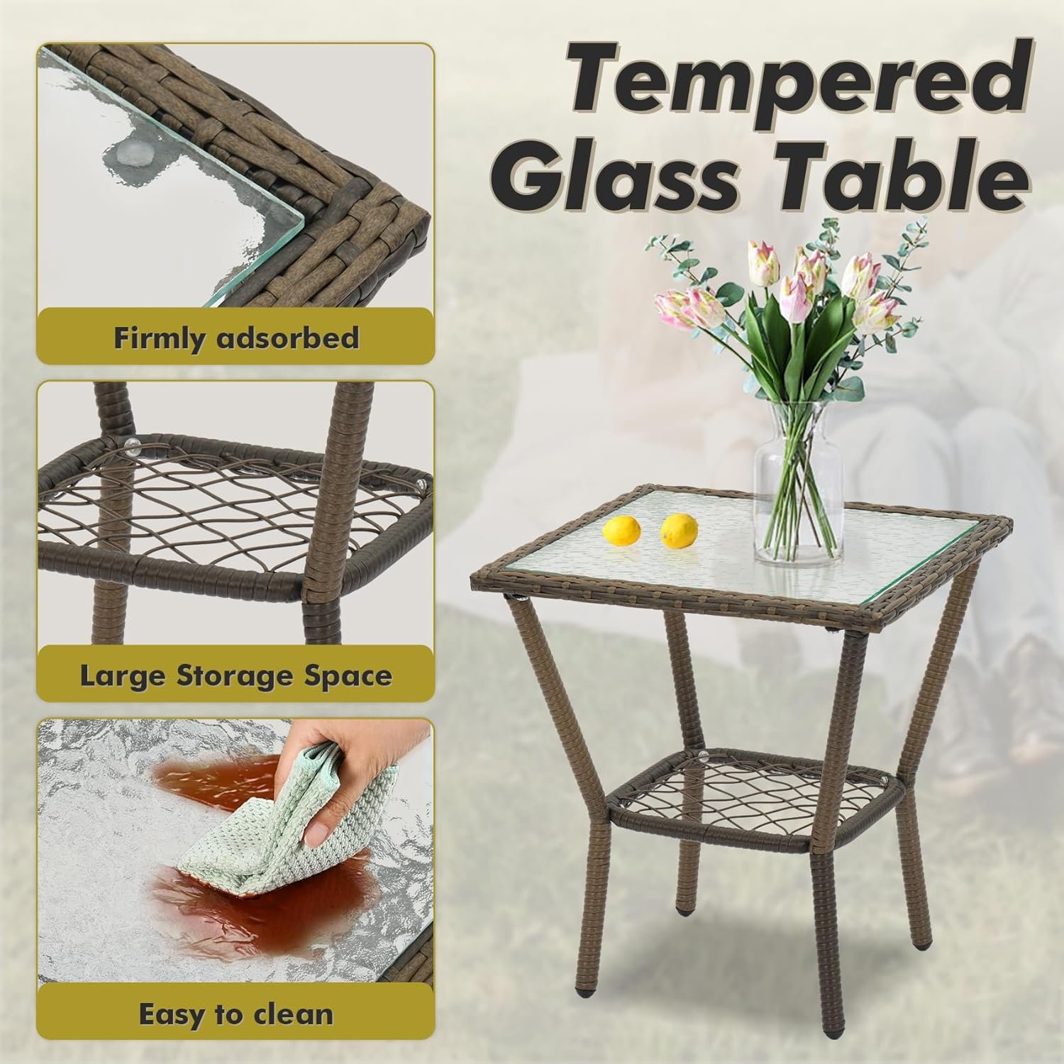 3 Piece Rocking Bistro Set Wicker Outdoor Patio Chairs Rattan Conversation Sets with Coffee Table for Patio, Porch, Backyard, Balcony, Poolside and Garden (Beige) - Image 7