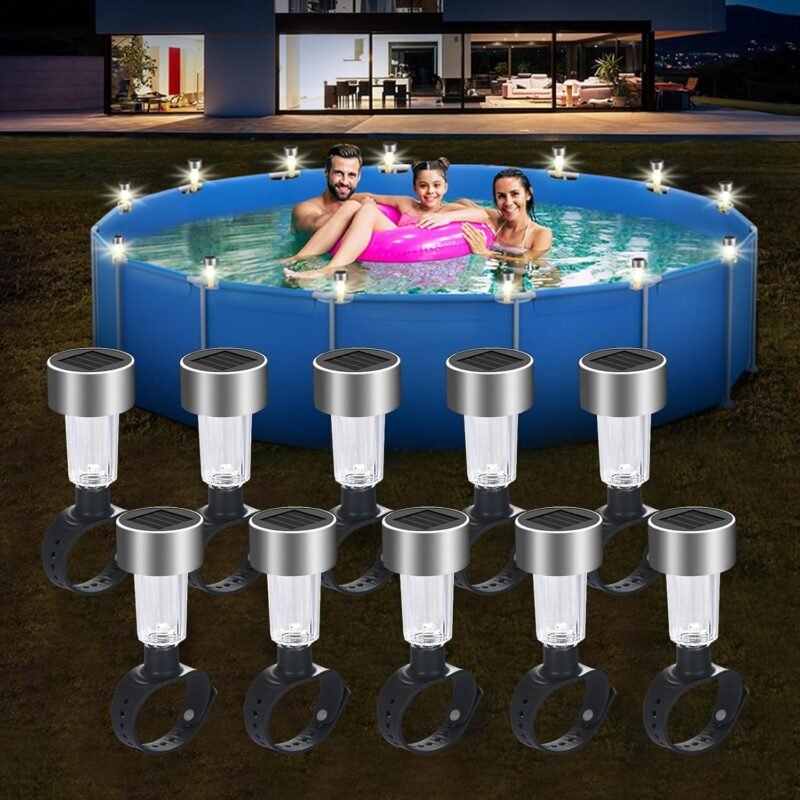 10 Pack Solar Pool Lights for Above Ground Pools,Waterproof Pool Solar Lights for Framed Above Ground Pools Outdoor Yard Garden Pool Fence Swimming Pool Accessories Warm Night Light