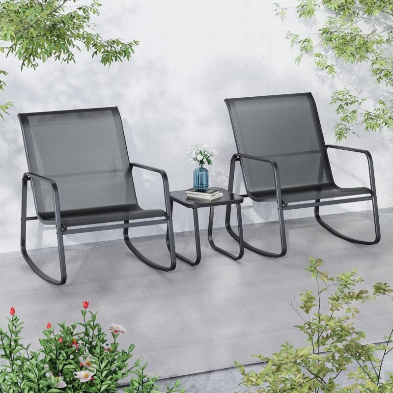 Ainfox 3 Piece Patio Outdoor Furniture Set, Textilene Fabric Patio Conversation Bistro Set with Rocking Bistro Chairs and Table, Small Patio Furniture Set for Backyard, Lawn, Garden, Poolside