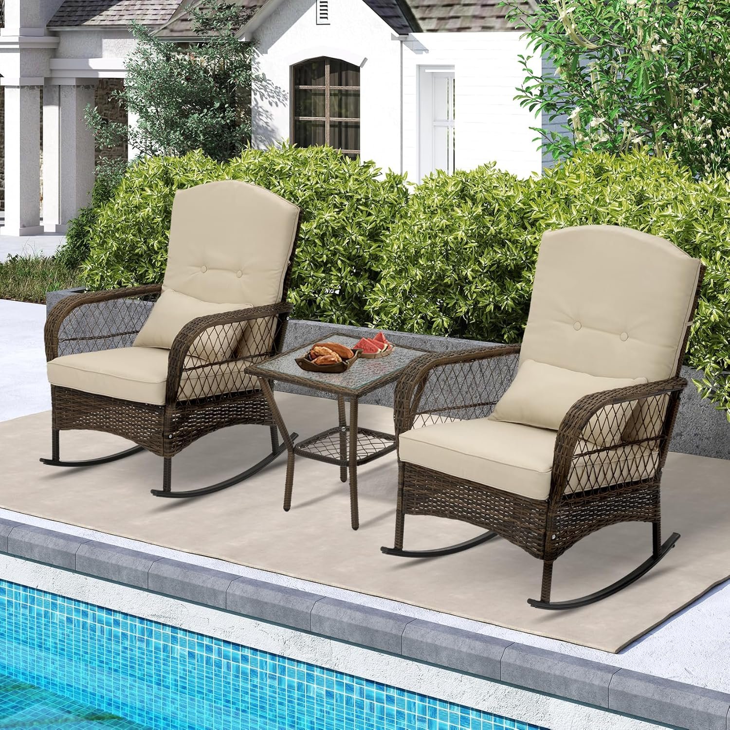3 Piece Rocking Bistro Set Wicker Outdoor Patio Chairs Rattan Conversation Sets with Coffee Table for Patio, Porch, Backyard, Balcony, Poolside and Garden (Beige) - Image 2