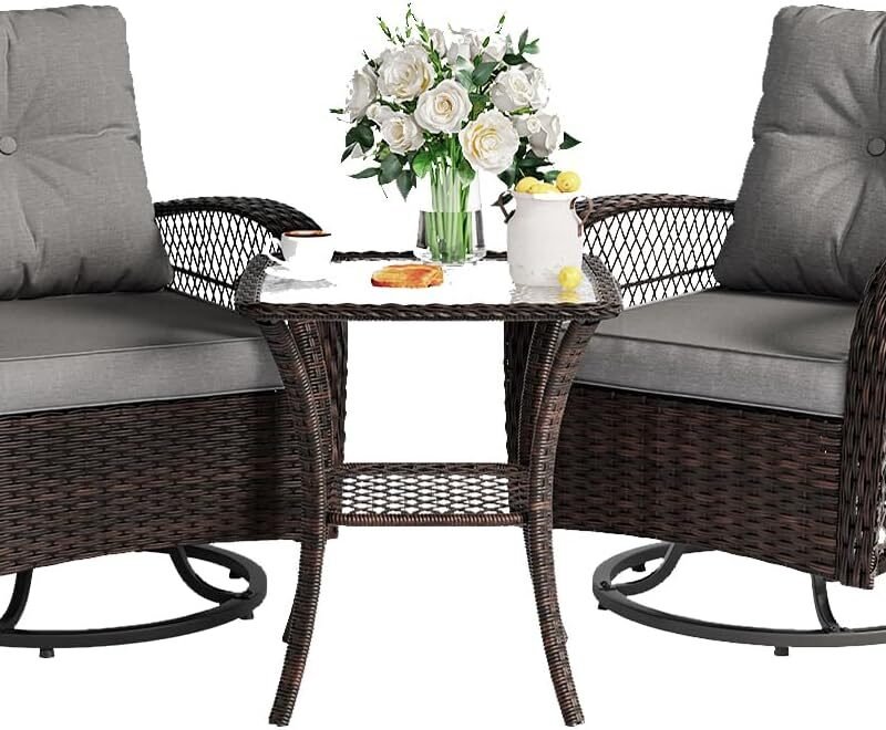 3 Pieces Patio Furniture Set, Outdoor Swivel Glider Rocker, Wicker Patio Bistro Set with Rocking Chair, Thickened Cushions and Table for Porch (Grey)