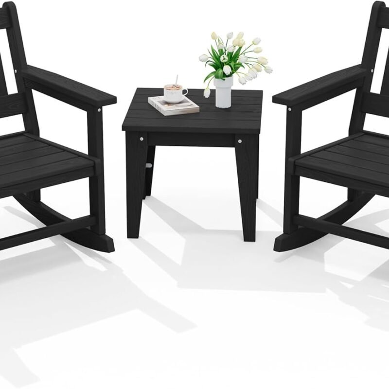 SERWALL 3 Piece Rocking Bistro Set, HDPE Patio Furniture Set with Bistro Table and Chairs for Backyard,Porch, Poolside, Balcony, and Garden- Black