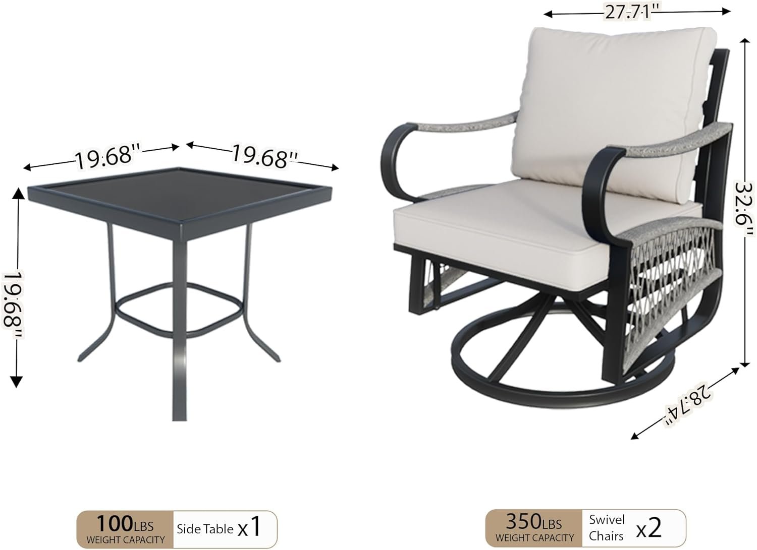 3 Pieces Glider Rocking Chairs, Outdoor Swivel Rocker Chairs with Thick Cushion, Patio Bistro Furniture Set with Side Table, Rope Conversation Sets for Porch Balcony Backyard Deck, Beige Cushions - Image 2