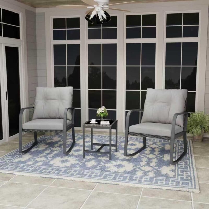 Bistro 3 Piece Patio Furniture Set, Patio Table and Rattan Outdoor Rocking Chairs Set of 2, Outdoor Bistro Conversation Set for Garden, Balcony, Poolside, Backyard, Grey