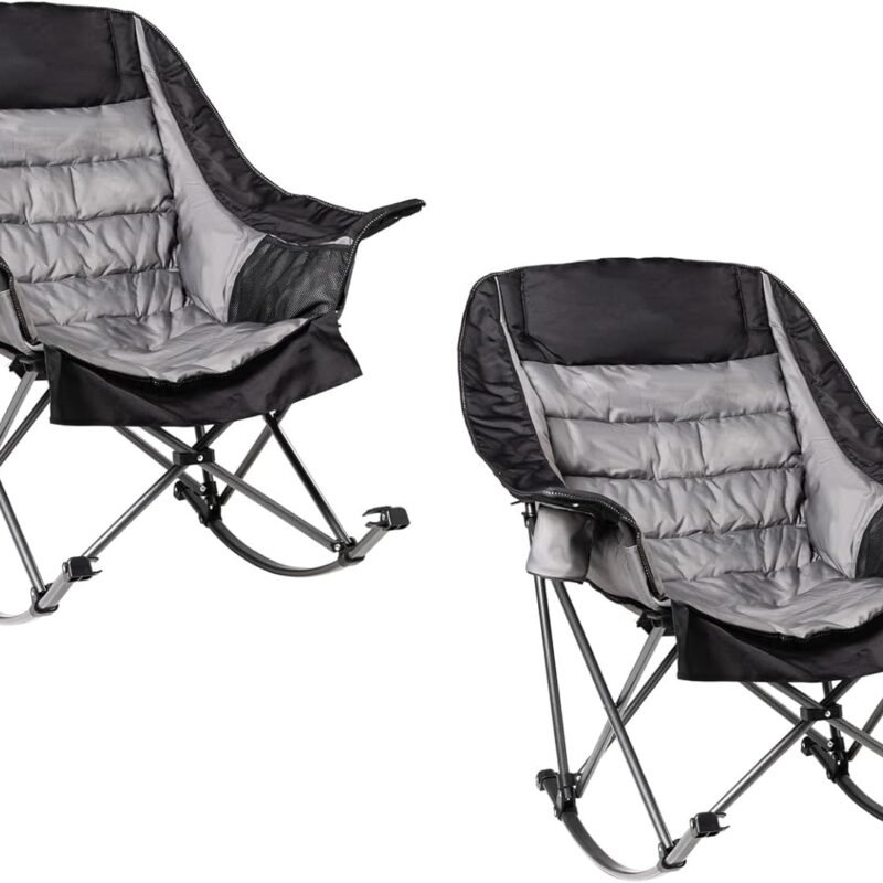 2 PCS Oversized Rocking Camping Chair for Adults - 400lbs Capacity Padded Camp Chair, Portable Foldable Outdoor Rocker Chair for Camping, Backyard, Patio (Black & Gray)
