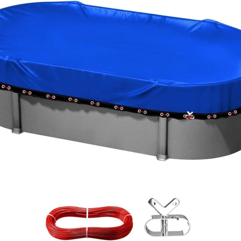 12x24 ft Oval Pool Cover for Above Ground Winter Pool,Rectangle Swimming Pools Covers,Heavy Duty Durable Tearproof Waterproof Anti-UV PE Material,Cold-Resistant Snowproof,Winch and Cable Set,Blue