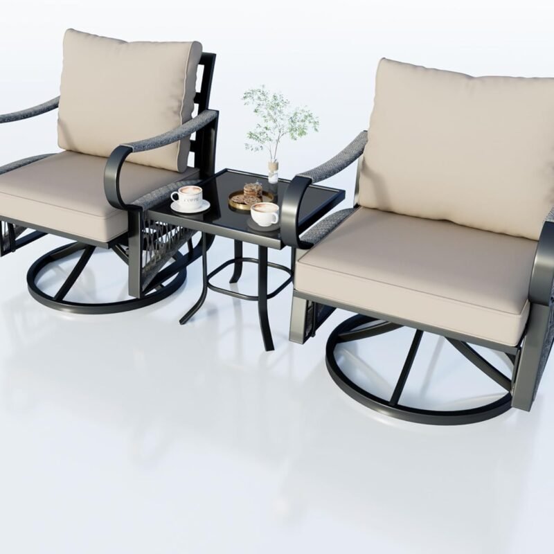 3 Pieces Glider Rocking Chairs, Outdoor Swivel Rocker Chairs with Thick Cushion, Patio Bistro Furniture Set with Side Table, Rope Conversation Sets for Porch Balcony Backyard Deck, Beige Cushions
