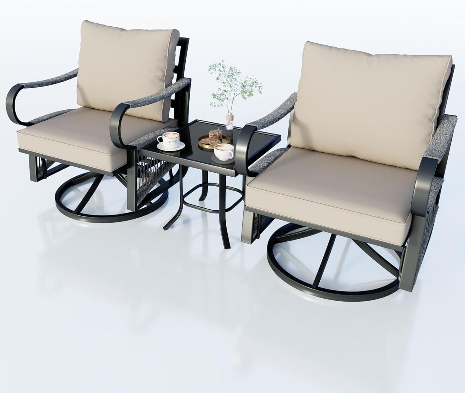 3 Pieces Glider Rocking Chairs, Outdoor Swivel Rocker Chairs with Thick Cushion, Patio Bistro Furniture Set with Side Table, Rope Conversation Sets for Porch Balcony Backyard Deck, Beige Cushions