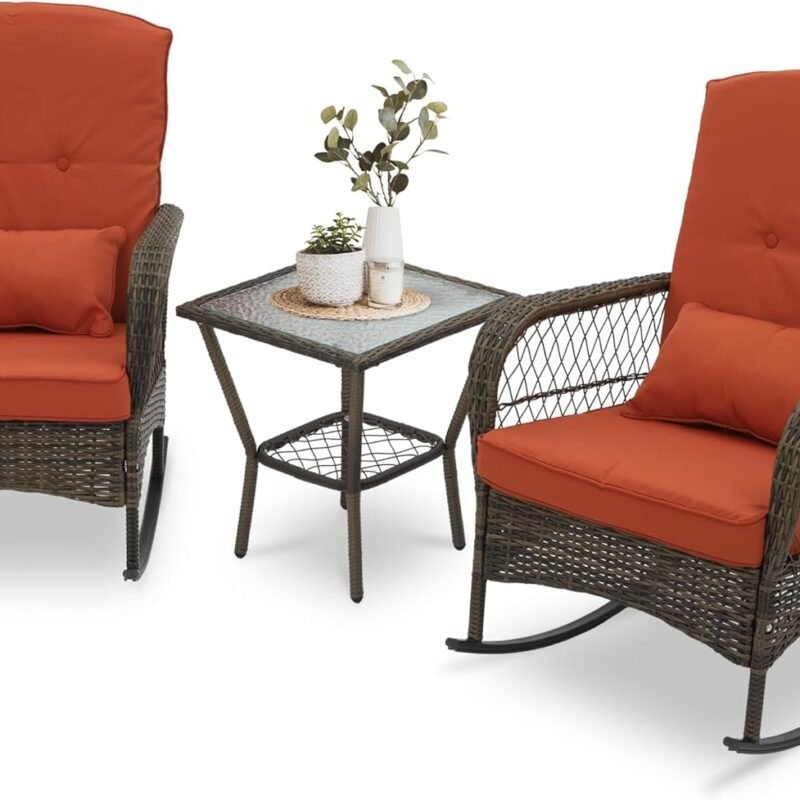 3 Piece Rocking Bistro Set Wicker Outdoor Patio Chairs Rattan Conversation Sets with Coffee Table for Patio, Porch, Backyard, Balcony, Deck, Poolside and Garden (Rose Red)
