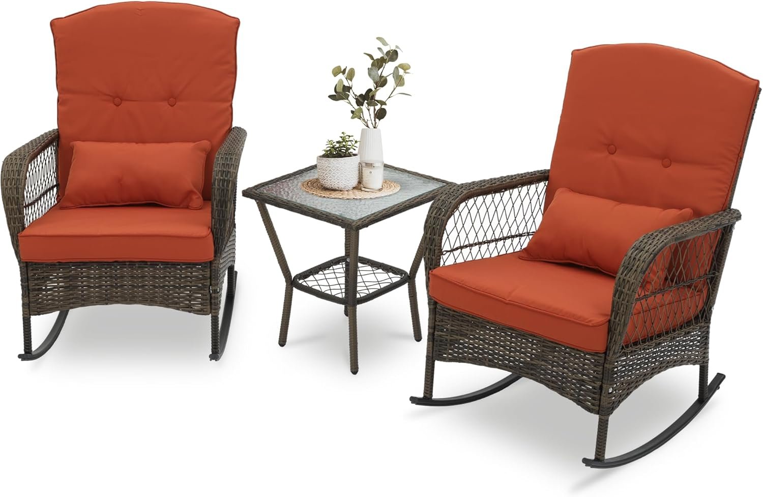 3 Piece Rocking Bistro Set Wicker Outdoor Patio Chairs Rattan Conversation Sets with Coffee Table for Patio, Porch, Backyard, Balcony, Deck, Poolside and Garden (Rose Red)