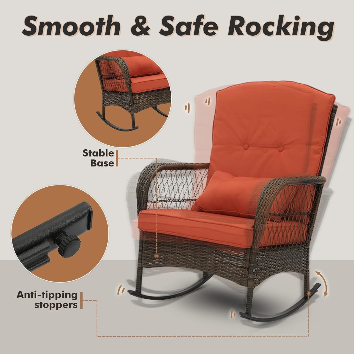 3 Piece Rocking Bistro Set Wicker Outdoor Patio Chairs Rattan Conversation Sets with Coffee Table for Patio, Porch, Backyard, Balcony, Deck, Poolside and Garden (Rose Red) - Image 7