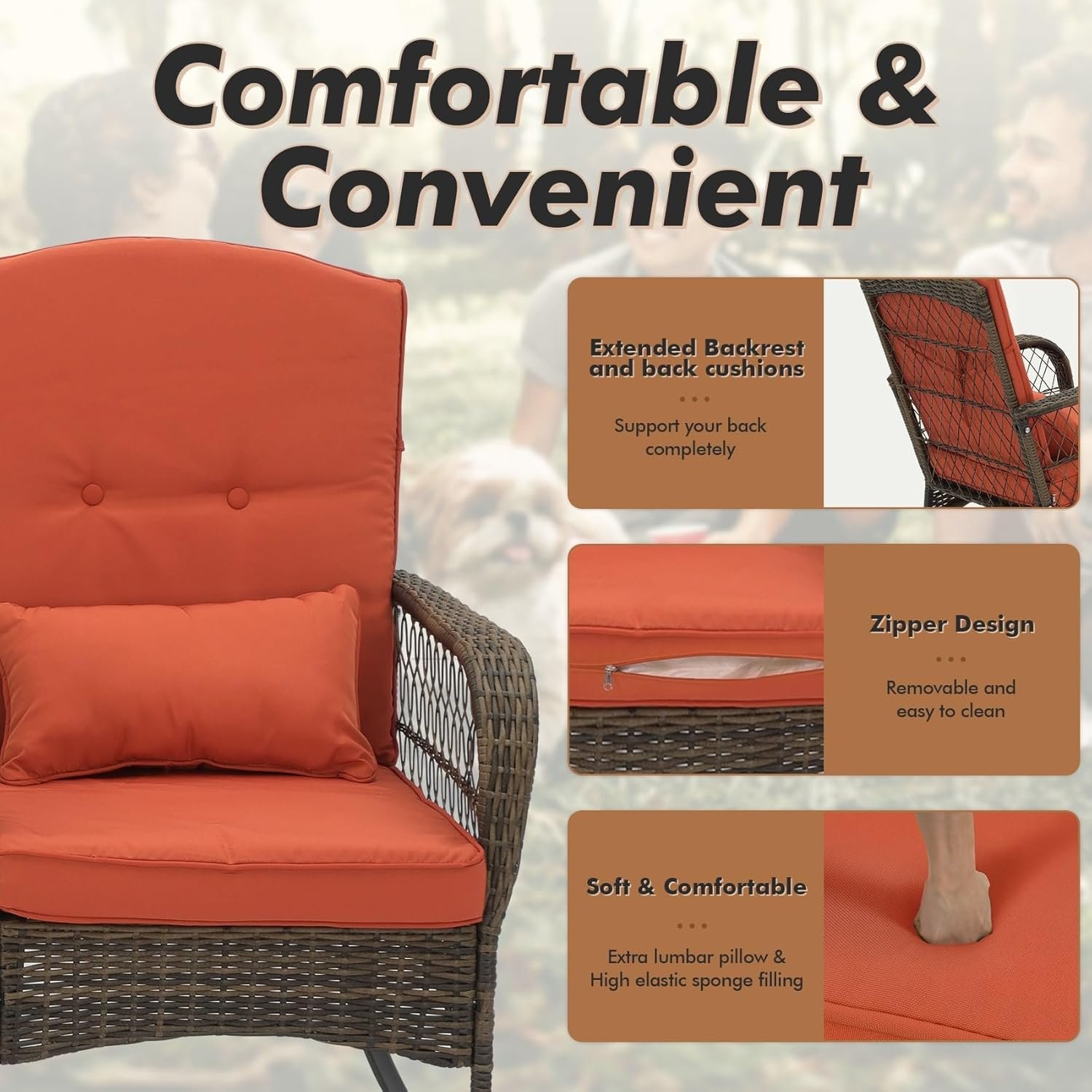 3 Piece Rocking Bistro Set Wicker Outdoor Patio Chairs Rattan Conversation Sets with Coffee Table for Patio, Porch, Backyard, Balcony, Deck, Poolside and Garden (Rose Red) - Image 3