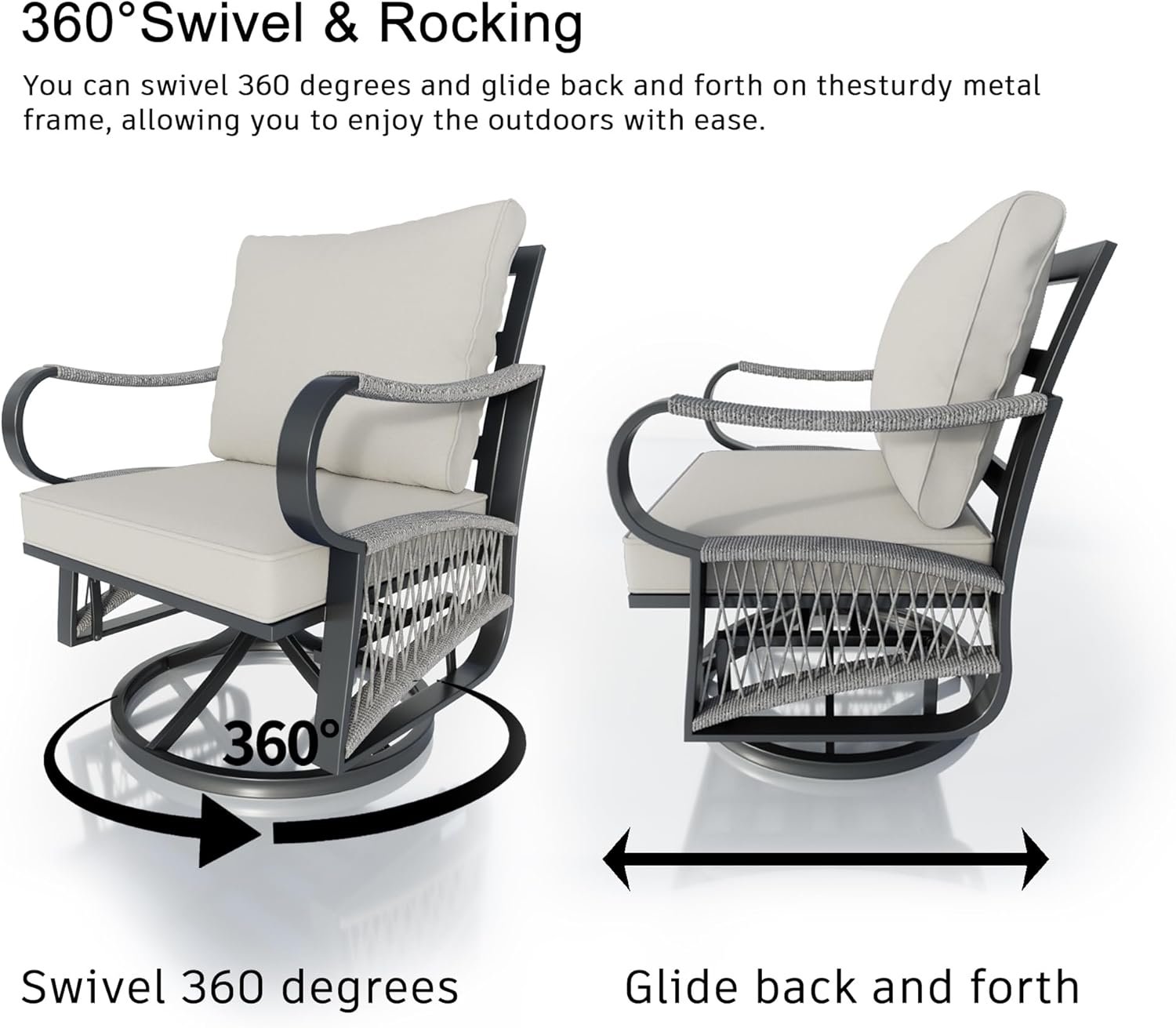3 Pieces Glider Rocking Chairs, Outdoor Swivel Rocker Chairs with Thick Cushion, Patio Bistro Furniture Set with Side Table, Rope Conversation Sets for Porch Balcony Backyard Deck, Beige Cushions - Image 4