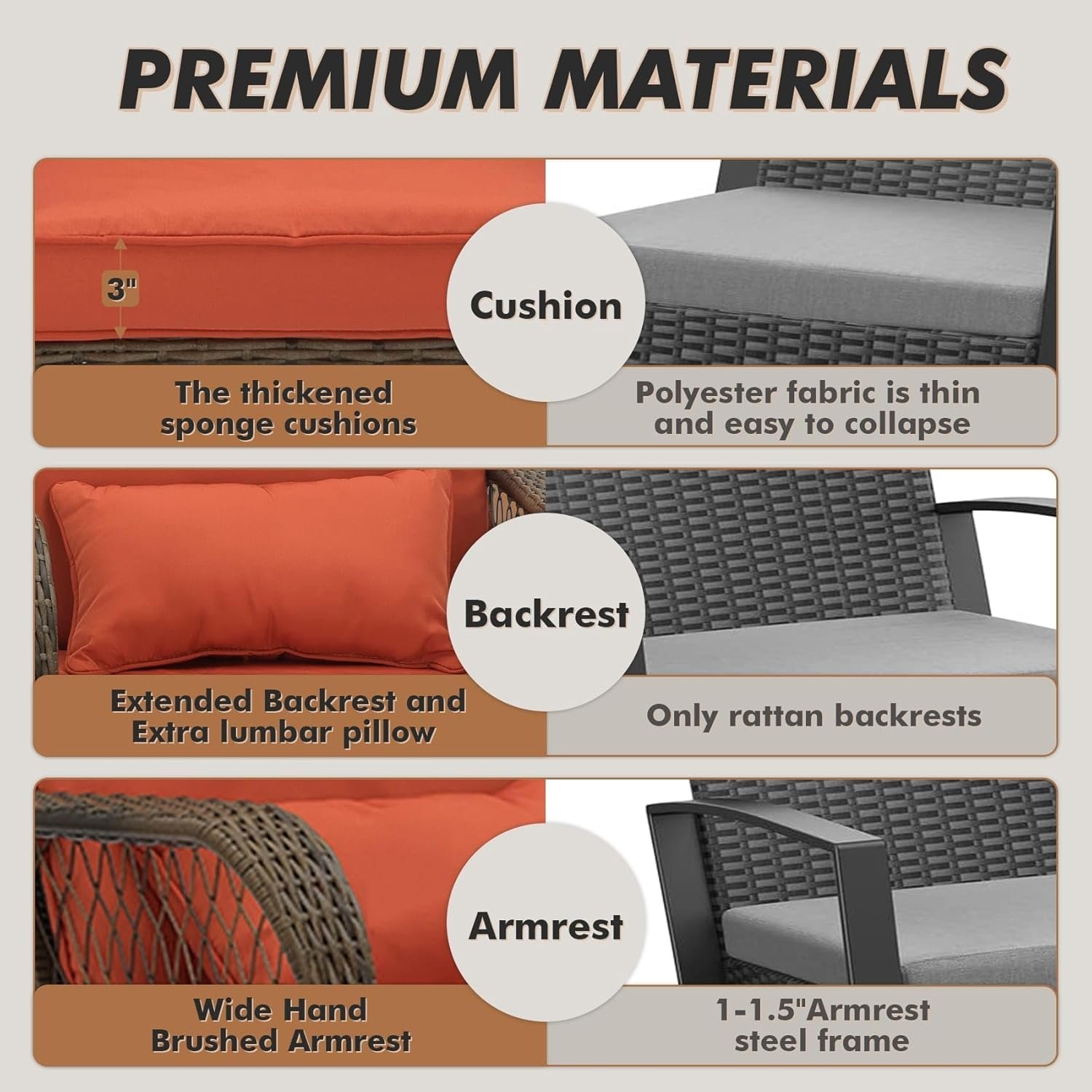 3 Piece Rocking Bistro Set Wicker Outdoor Patio Chairs Rattan Conversation Sets with Coffee Table for Patio, Porch, Backyard, Balcony, Deck, Poolside and Garden (Rose Red) - Image 5