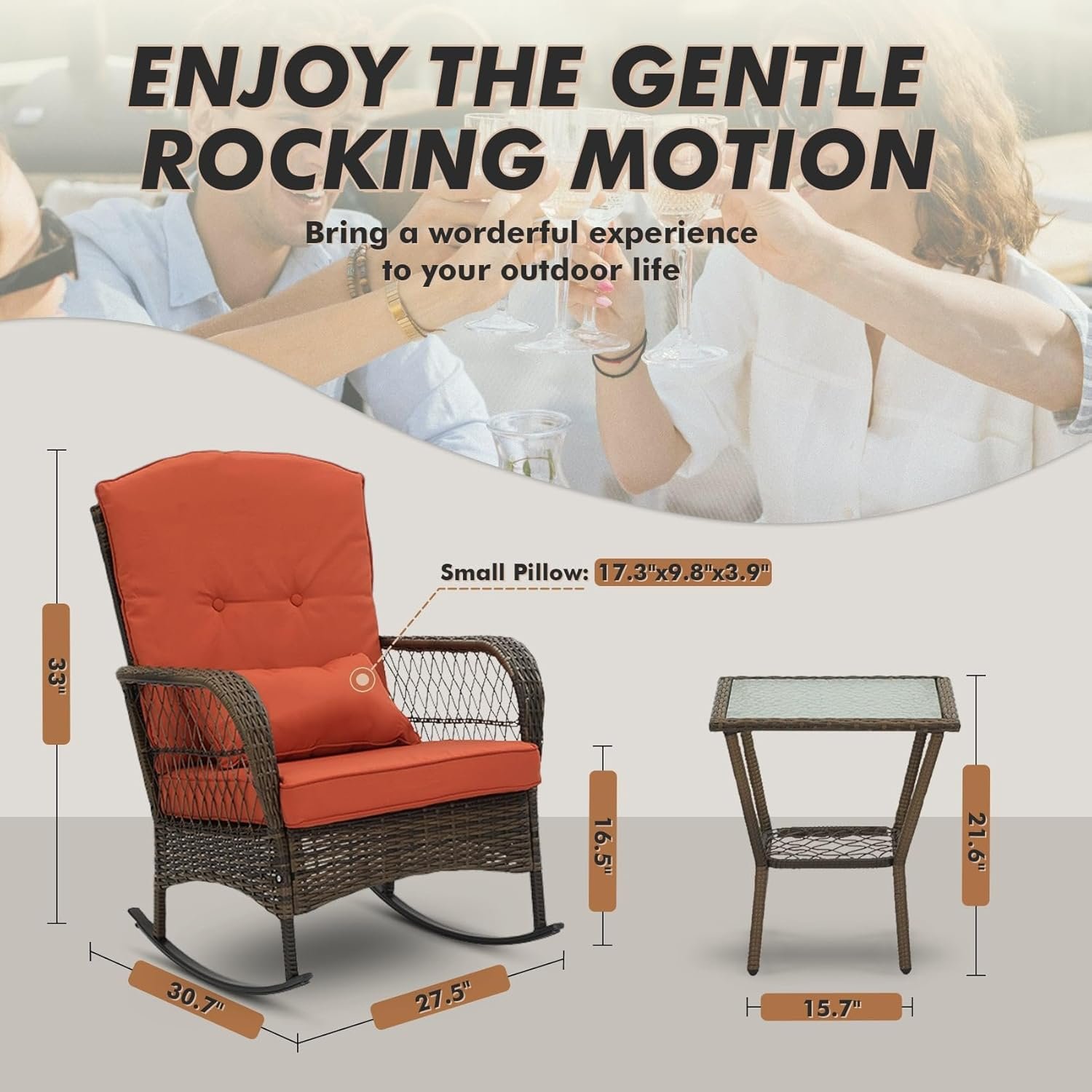 3 Piece Rocking Bistro Set Wicker Outdoor Patio Chairs Rattan Conversation Sets with Coffee Table for Patio, Porch, Backyard, Balcony, Deck, Poolside and Garden (Rose Red) - Image 4