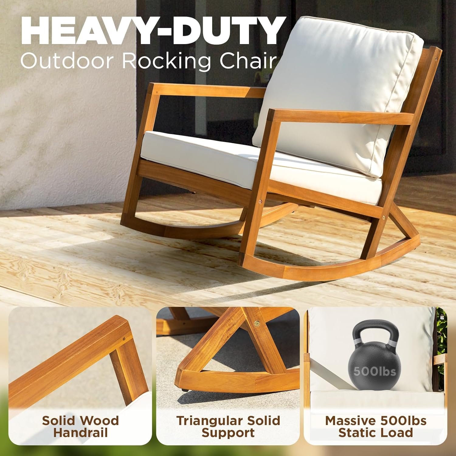 IDZO Rocking Chairs Design Heavy Duty 400lbs Capacity Wood Patio Bistro Set 3 Piece Outdoor - Image 3