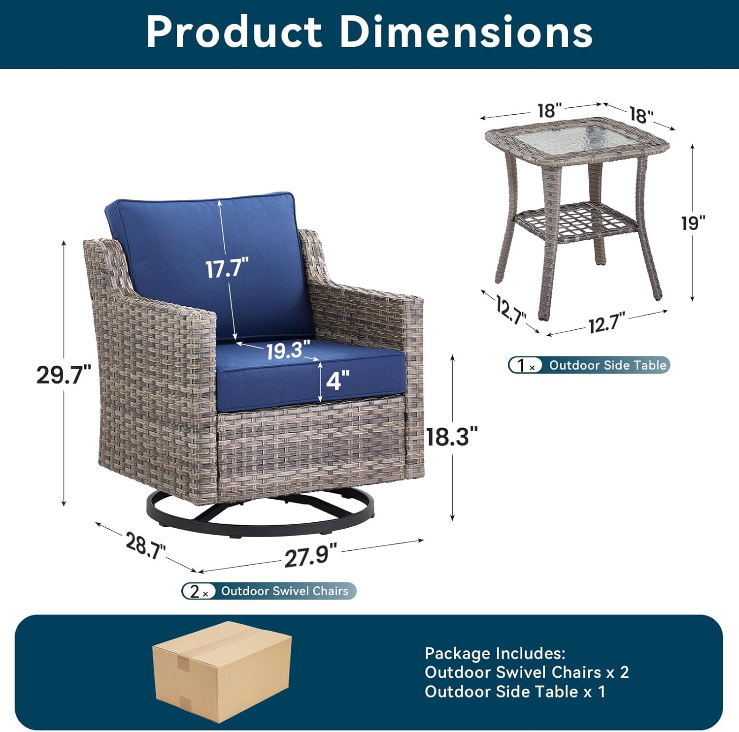 3 Pieces Patio Furniture Set-High Back Swivel Patio Chairs Set of 2 with Outdoor Side Table Patio Table and Chairs Set for Porch Deck Balcony Garden Grey/Blue - Image 8