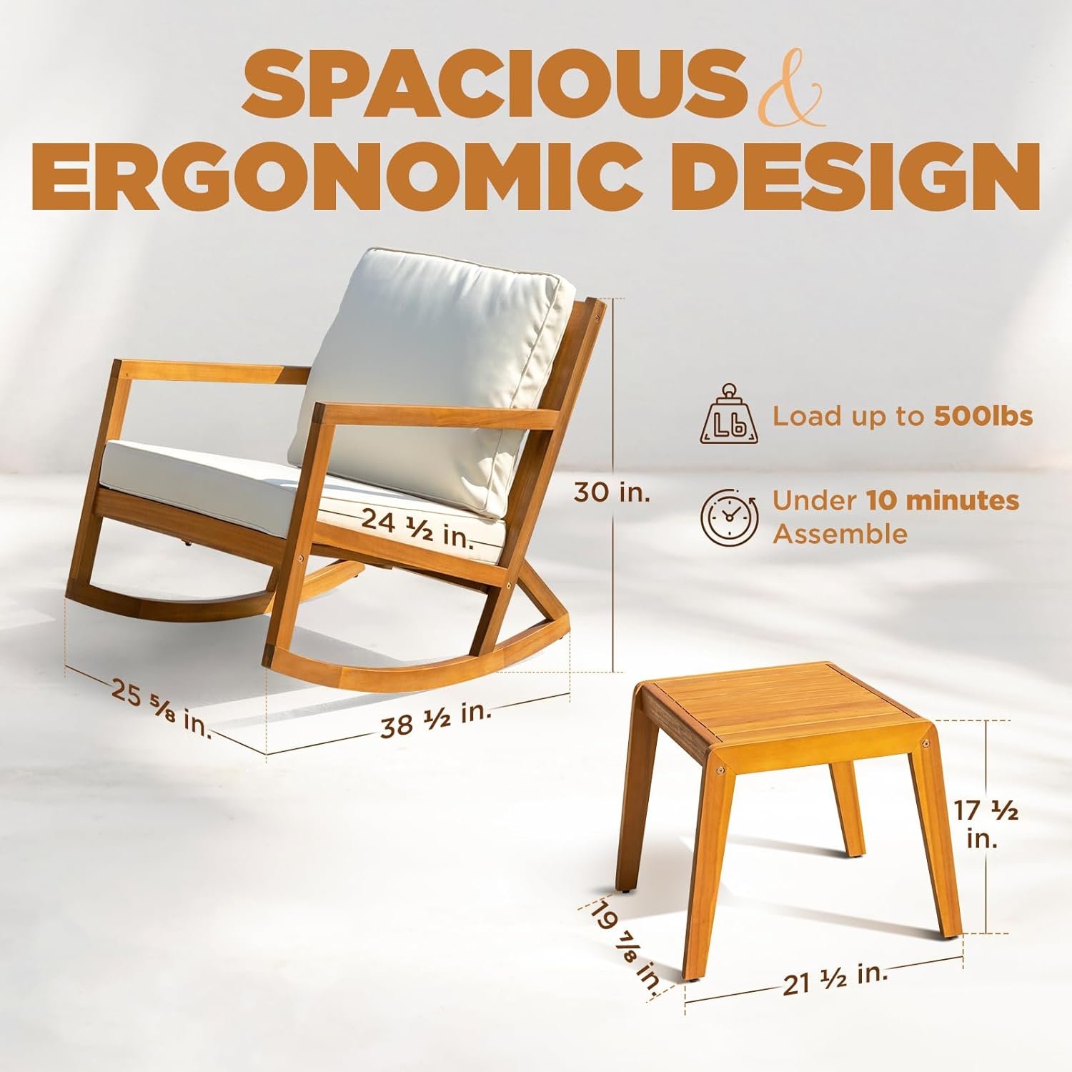 IDZO Rocking Chairs Design Heavy Duty 400lbs Capacity Wood Patio Bistro Set 3 Piece Outdoor - Image 4