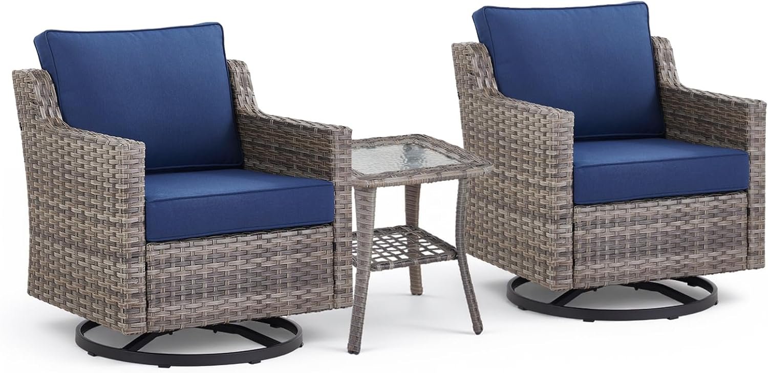 3 Pieces Patio Furniture Set-High Back Swivel Patio Chairs Set of 2 with Outdoor Side Table Patio Table and Chairs Set for Porch Deck Balcony Garden Grey/Blue - Image 9