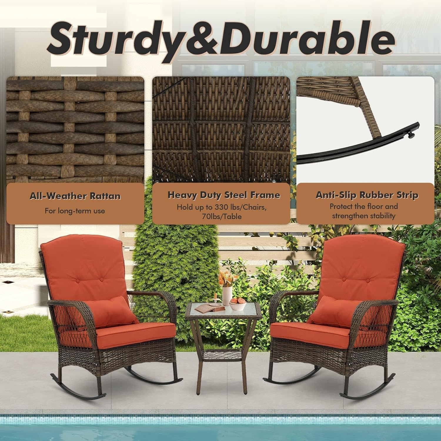 3 Piece Rocking Bistro Set Wicker Outdoor Patio Chairs Rattan Conversation Sets with Coffee Table for Patio, Porch, Backyard, Balcony, Deck, Poolside and Garden (Rose Red) - Image 2