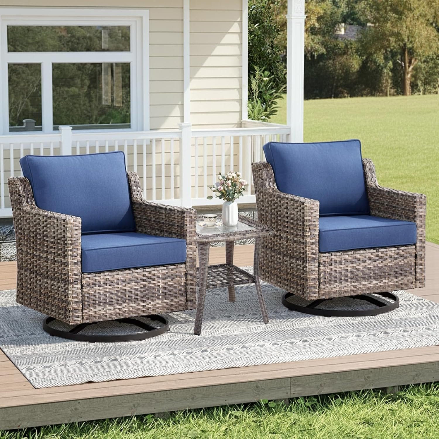 3 Pieces Patio Furniture Set-High Back Swivel Patio Chairs Set of 2 with Outdoor Side Table Patio Table and Chairs Set for Porch Deck Balcony Garden Grey/Blue