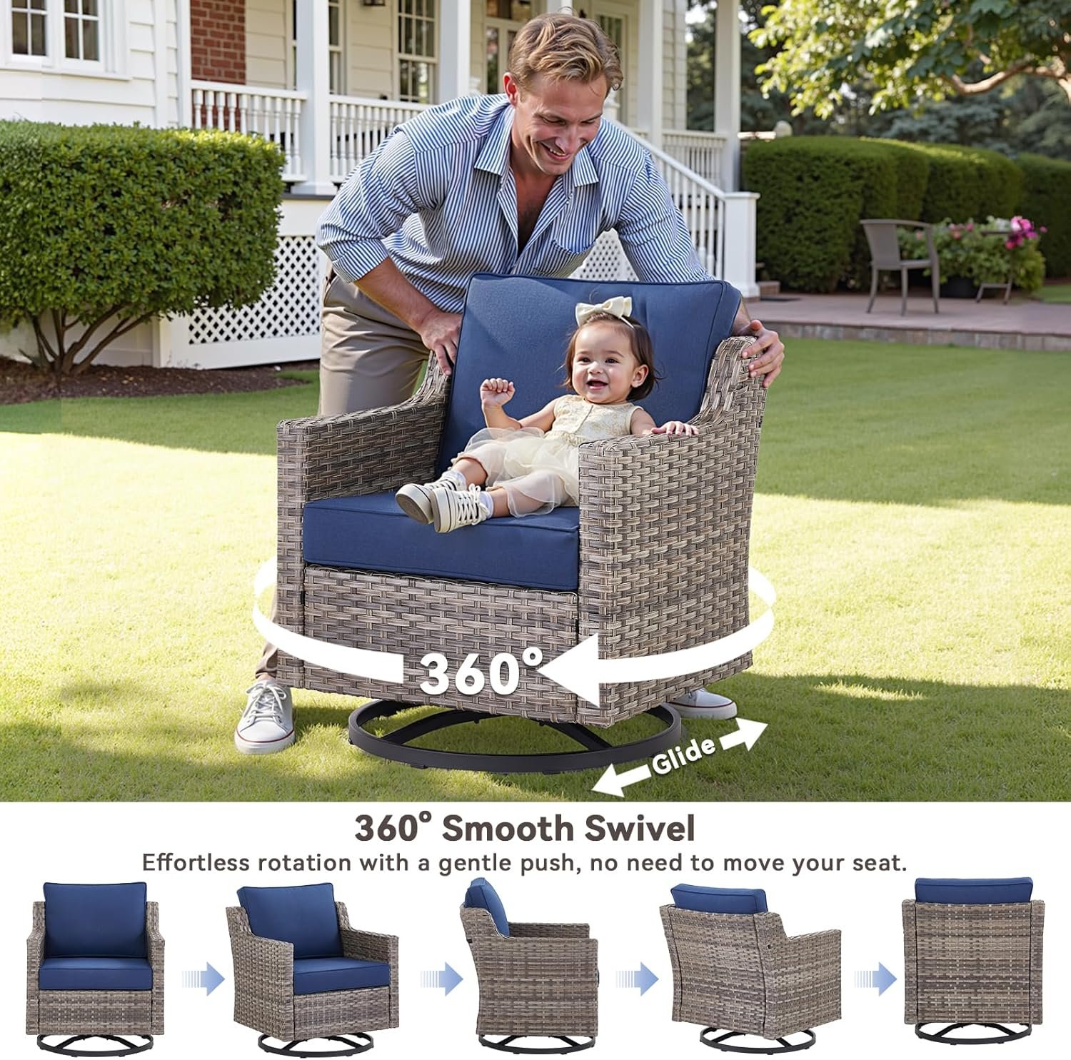 3 Pieces Patio Furniture Set-High Back Swivel Patio Chairs Set of 2 with Outdoor Side Table Patio Table and Chairs Set for Porch Deck Balcony Garden Grey/Blue - Image 2