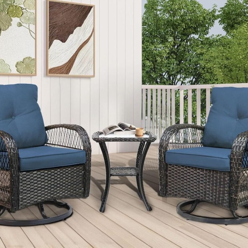 YLGJ&TIDY 3 Piece Swivel Rocker Patio Chairs, Outdoor Swivel Glider Chair, Heavy Duty Patio Chairs 400 lbs with Side Table, for Backyard, Deck, Porch, Blue