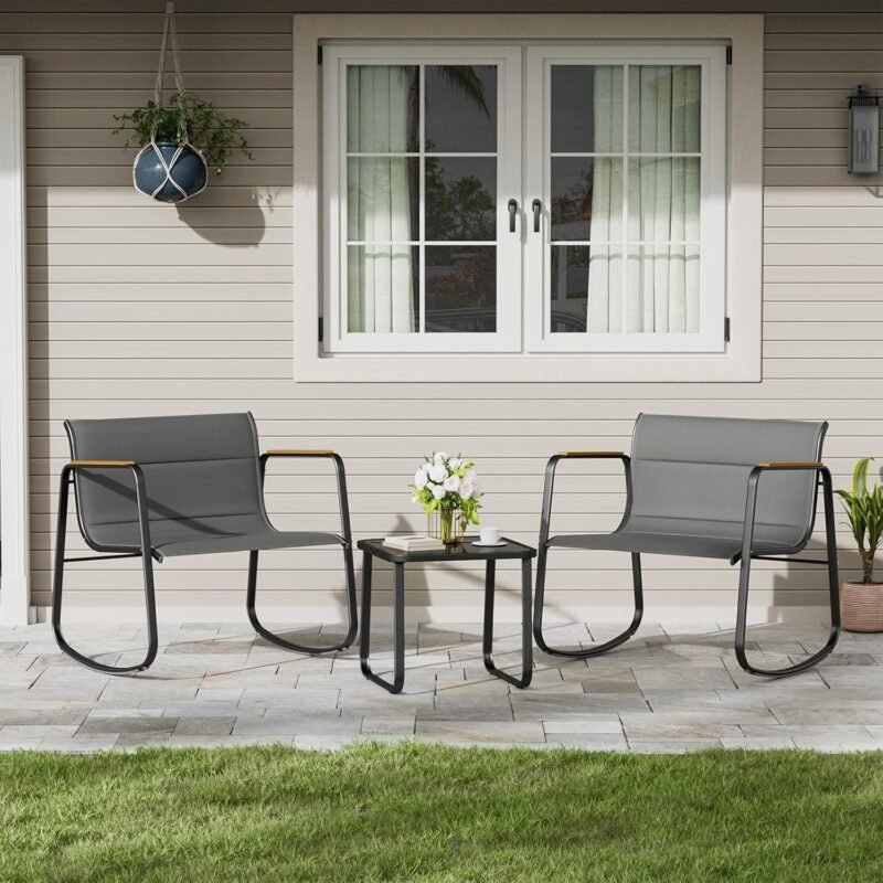 Amopatio Outdoor Table and Chair Set 3 Piece, Patio Rocking Chairs, Breathable Textilene Fabric Patio Furniture Set for Porch, Poolside, Deck, Balcony, Dark Grey