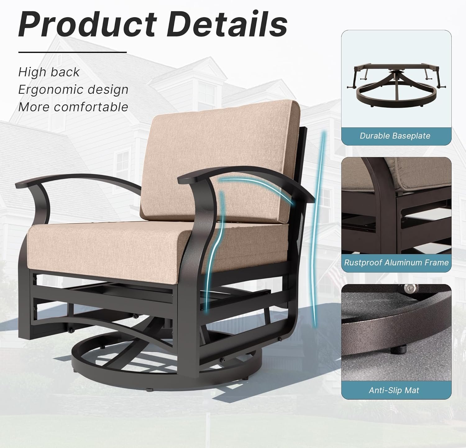 Kurapika 3 Pieces Patio Furniture Set, Outdoor Aluminum Swivel Gliders Rocker, Patio Bistro Set Rocking Chair with Tempered Glass Side Table and Thickened Cushions for Porch Garden Deck (Sand) - Image 3