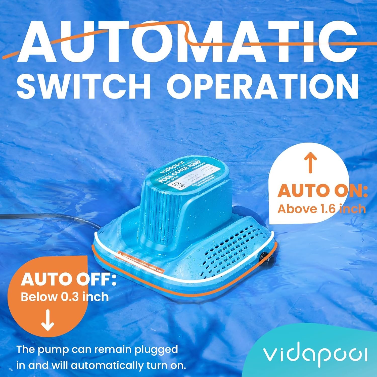 1/2 HP Pool Cover Pump Automatic On Off, Submersible Sump Pump Inground/Above Ground, 2169 GPH Water Removal Pump with 25 Feet Power Cord for Swimming Pool, Pond, Basement, Window Well - Image 2