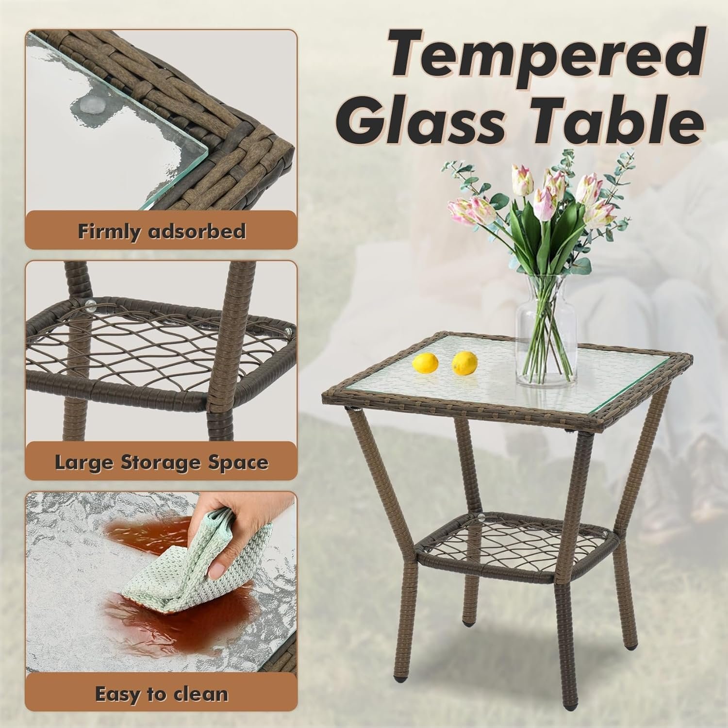 3 Piece Rocking Bistro Set Wicker Outdoor Patio Chairs Rattan Conversation Sets with Coffee Table for Patio, Porch, Backyard, Balcony, Deck, Poolside and Garden (Rose Red) - Image 6