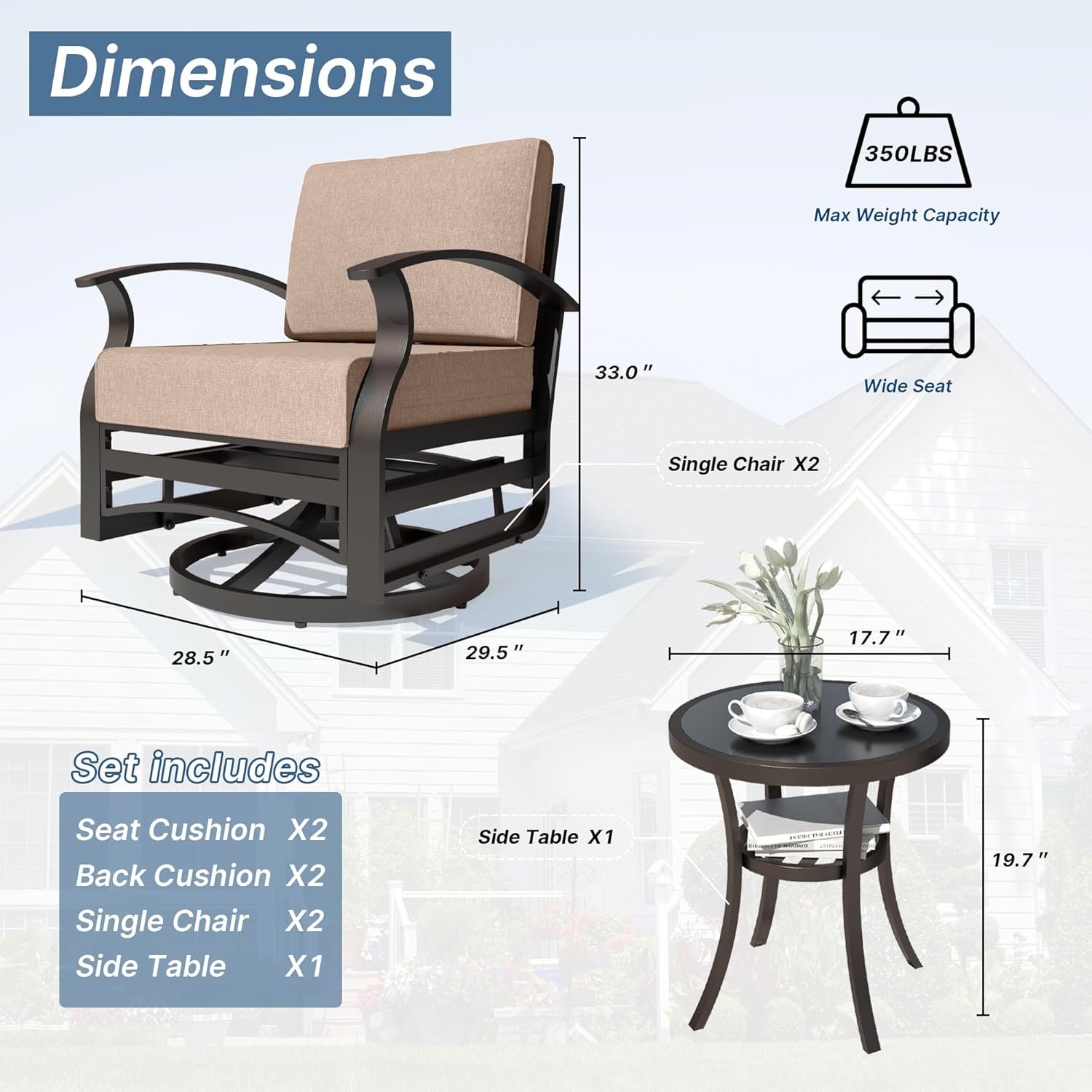Kurapika 3 Pieces Patio Furniture Set, Outdoor Aluminum Swivel Gliders Rocker, Patio Bistro Set Rocking Chair with Tempered Glass Side Table and Thickened Cushions for Porch Garden Deck (Sand) - Image 2
