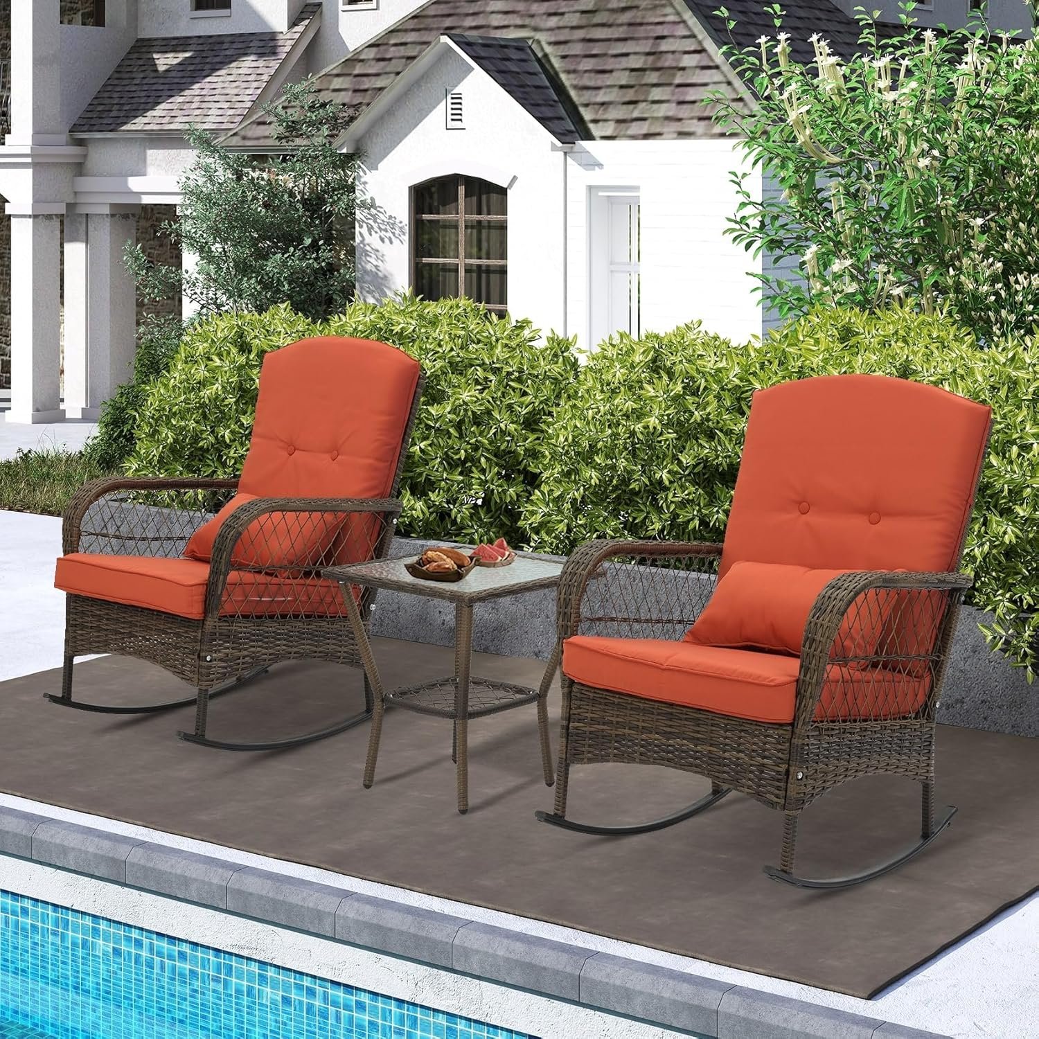 3 Piece Rocking Bistro Set Wicker Outdoor Patio Chairs Rattan Conversation Sets with Coffee Table for Patio, Porch, Backyard, Balcony, Deck, Poolside and Garden (Rose Red) - Image 8