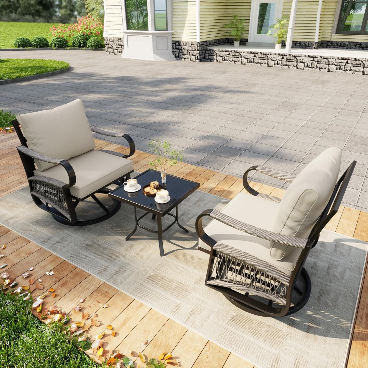 3 Pieces Glider Rocking Chairs, Outdoor Swivel Rocker Chairs with Thick Cushion, Patio Bistro Furniture Set with Side Table, Rope Conversation Sets for Porch Balcony Backyard Deck, Beige Cushions - Image 9