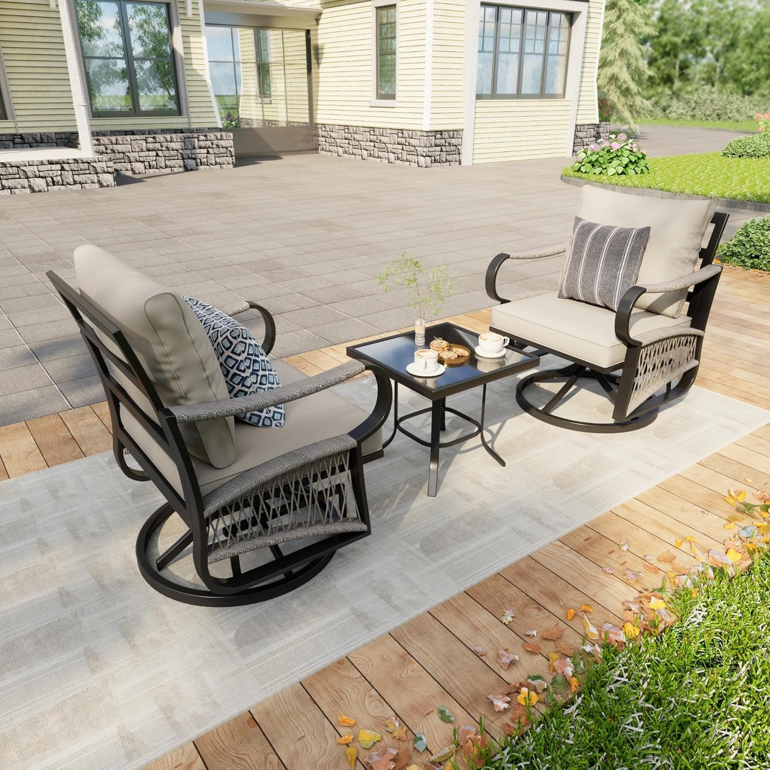 3 Pieces Glider Rocking Chairs, Outdoor Swivel Rocker Chairs with Thick Cushion, Patio Bistro Furniture Set with Side Table, Rope Conversation Sets for Porch Balcony Backyard Deck, Beige Cushions - Image 3