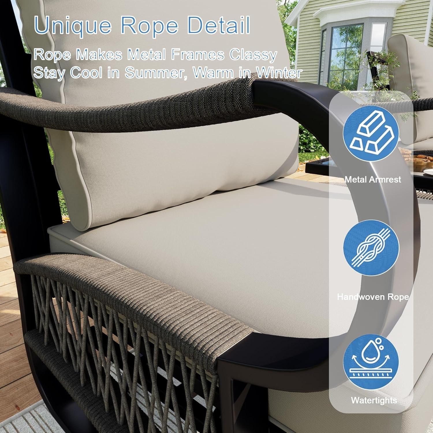 3 Pieces Glider Rocking Chairs, Outdoor Swivel Rocker Chairs with Thick Cushion, Patio Bistro Furniture Set with Side Table, Rope Conversation Sets for Porch Balcony Backyard Deck, Beige Cushions - Image 5