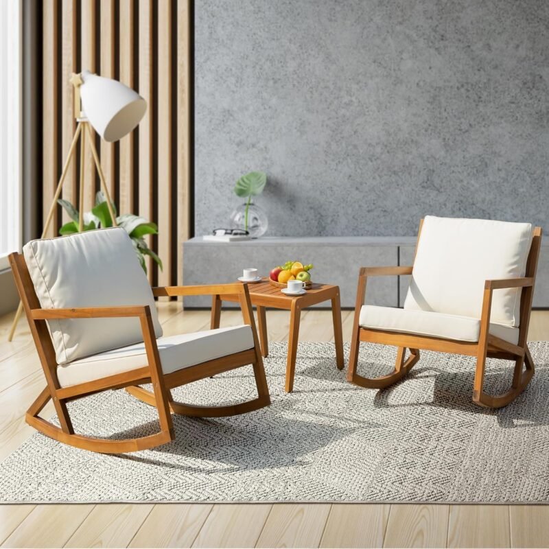 IDZO Rocking Chairs Design Heavy Duty 400lbs Capacity Wood Patio Bistro Set 3 Piece Outdoor