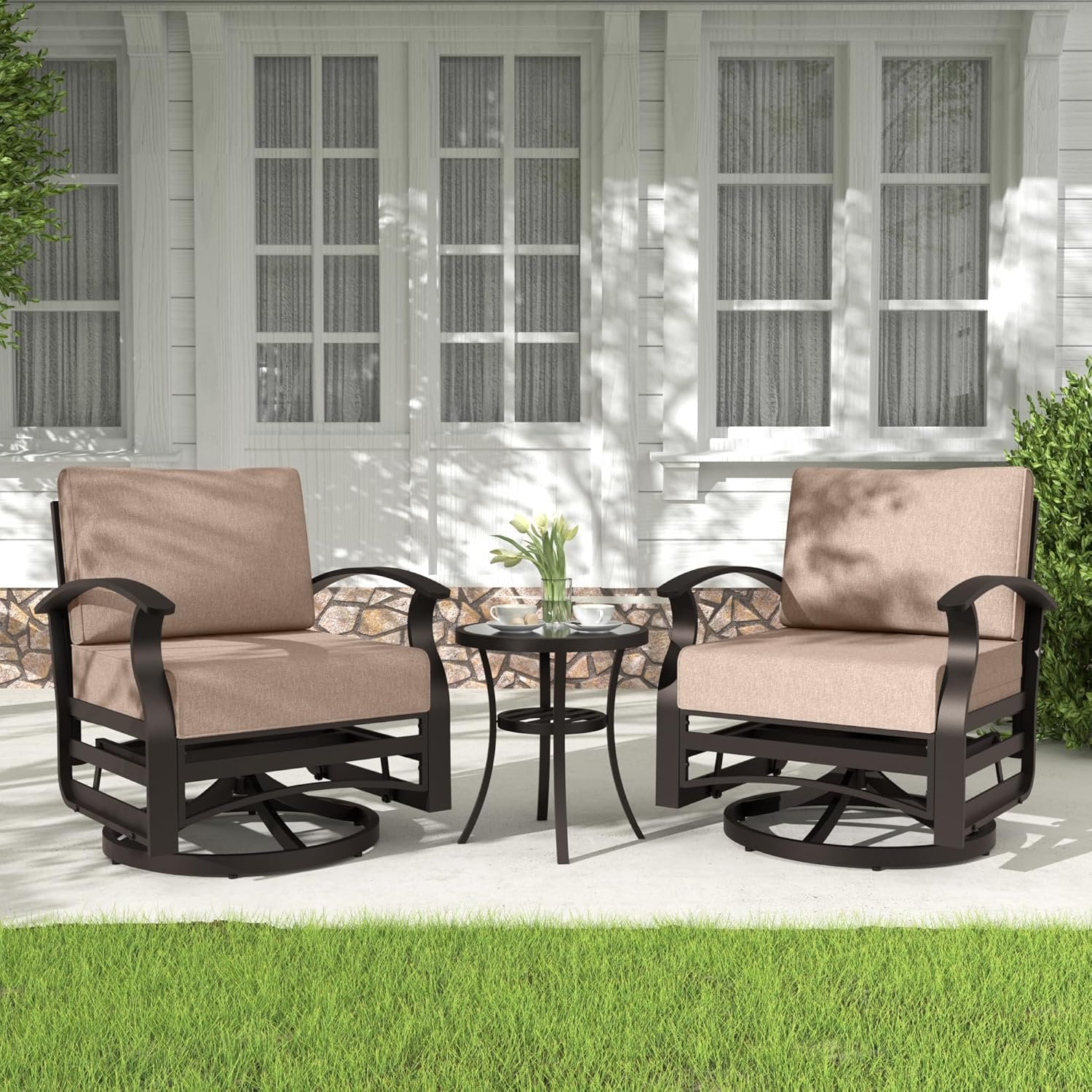 Kurapika 3 Pieces Patio Furniture Set, Outdoor Aluminum Swivel Gliders Rocker, Patio Bistro Set Rocking Chair with Tempered Glass Side Table and Thickened Cushions for Porch Garden Deck (Sand)