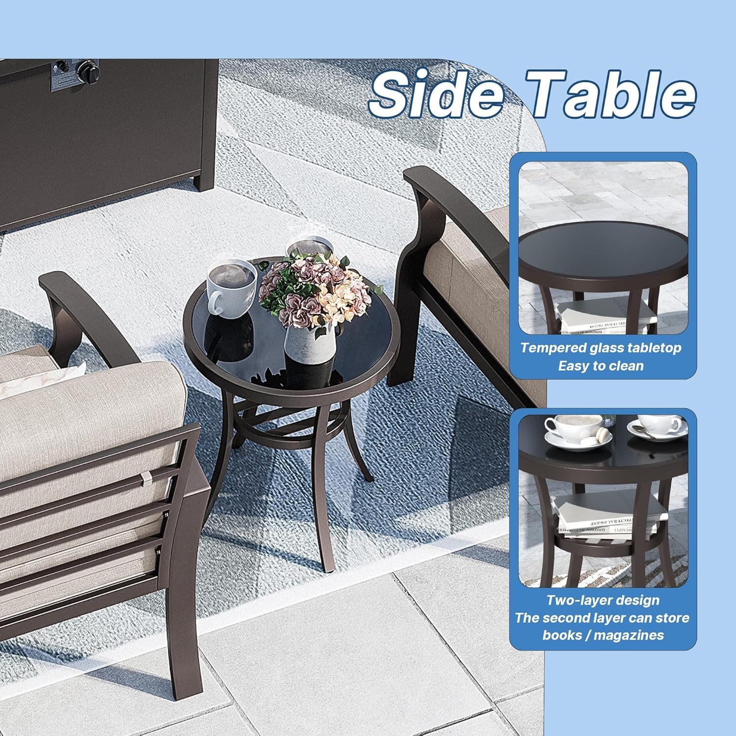 Kurapika 3 Pieces Patio Furniture Set, Outdoor Aluminum Swivel Gliders Rocker, Patio Bistro Set Rocking Chair with Tempered Glass Side Table and Thickened Cushions for Porch Garden Deck (Sand) - Image 7