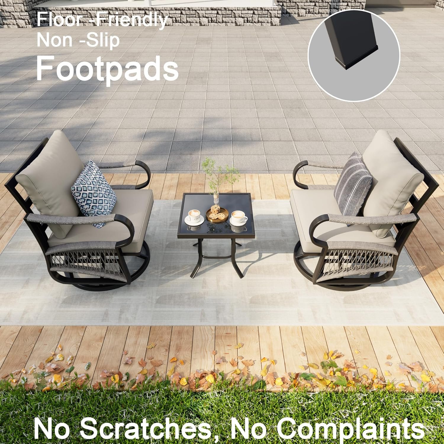 3 Pieces Glider Rocking Chairs, Outdoor Swivel Rocker Chairs with Thick Cushion, Patio Bistro Furniture Set with Side Table, Rope Conversation Sets for Porch Balcony Backyard Deck, Beige Cushions - Image 8