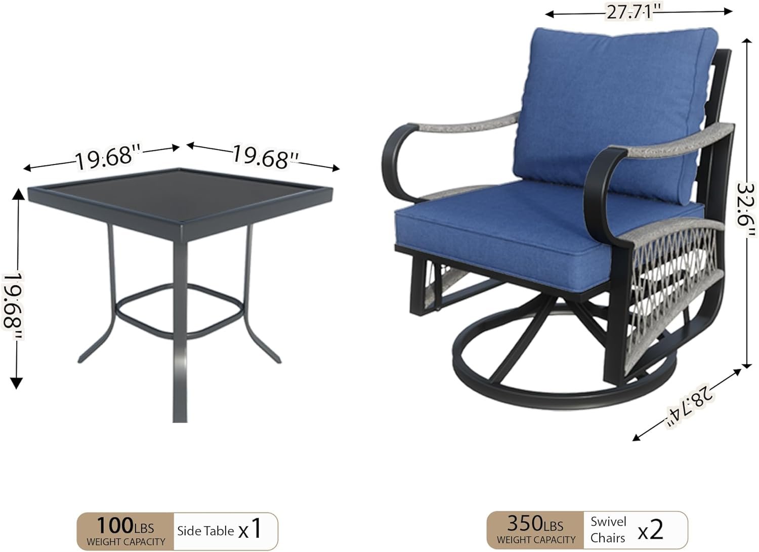 3 Pieces Glider Rocking Chairs, Outdoor Swivel Rocker Chairs with Thick Cushion, Patio Bistro Furniture Set with Side Table, Rope Conversation Sets for Porch Balcony Backyard Deck, Blue Cushions - Image 2