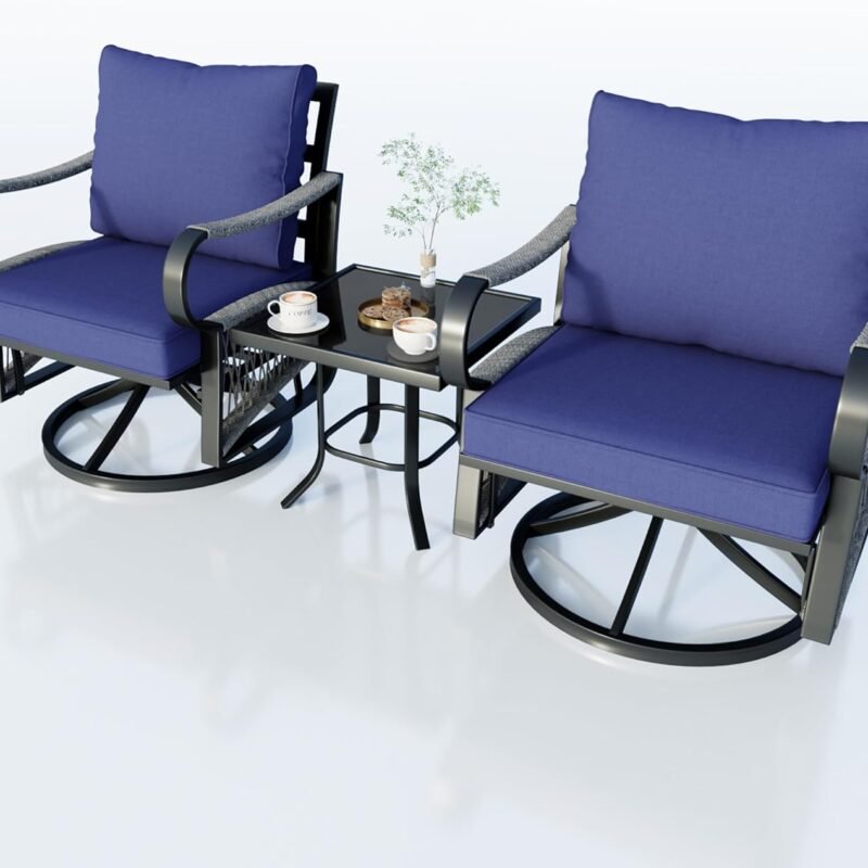 3 Pieces Glider Rocking Chairs, Outdoor Swivel Rocker Chairs with Thick Cushion, Patio Bistro Furniture Set with Side Table, Rope Conversation Sets for Porch Balcony Backyard Deck, Blue Cushions