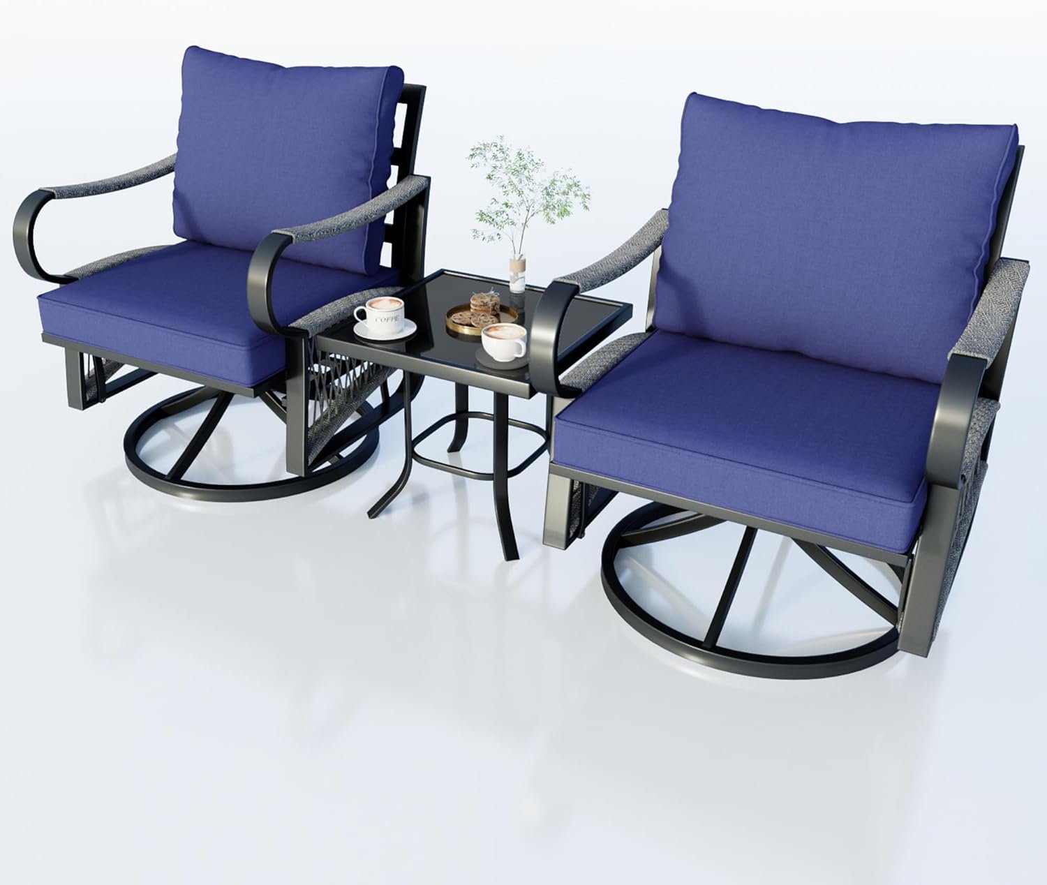 3 Pieces Glider Rocking Chairs, Outdoor Swivel Rocker Chairs with Thick Cushion, Patio Bistro Furniture Set with Side Table, Rope Conversation Sets for Porch Balcony Backyard Deck, Blue Cushions