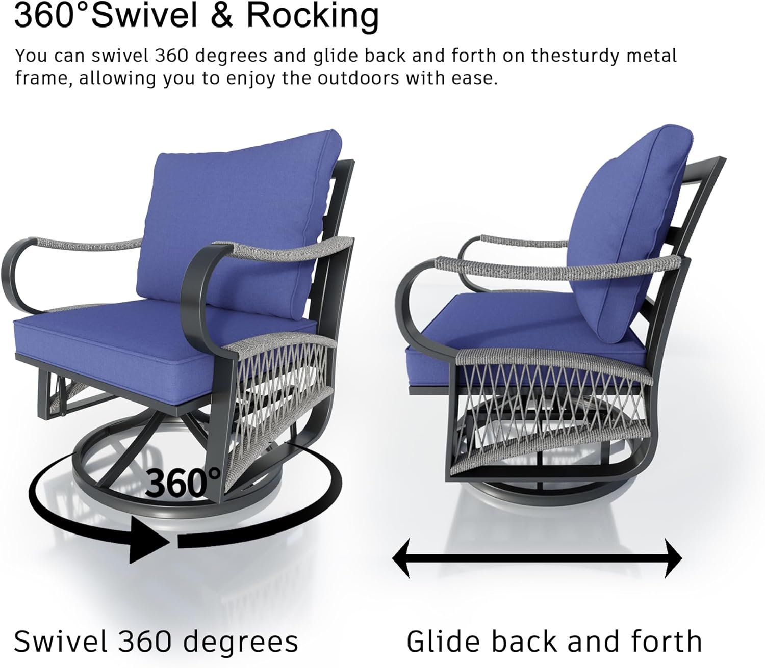 3 Pieces Glider Rocking Chairs, Outdoor Swivel Rocker Chairs with Thick Cushion, Patio Bistro Furniture Set with Side Table, Rope Conversation Sets for Porch Balcony Backyard Deck, Blue Cushions - Image 4