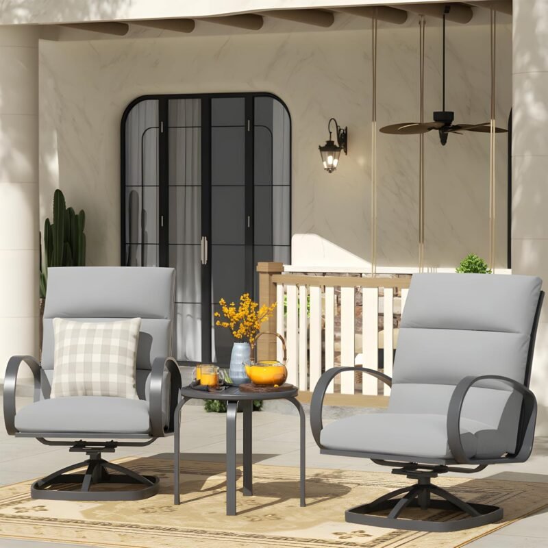 NATURAL EXPRESSIONS Patio Bistro Set, 3 Piece Outdoor Swivel Glider Rocking Chairs, Conversation Furniture with 2 Highback Rockers, 1 Metal Table for Backyard,Porch,Poolside,350lb. (Light Gray)