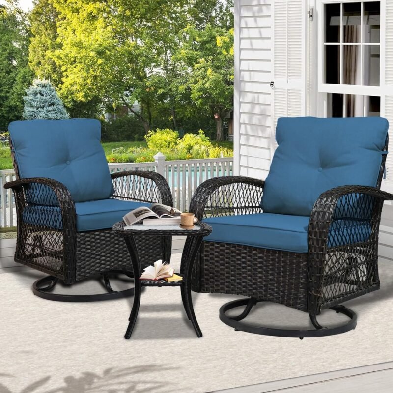 SHGJ&SOFT 3 Piece Patio Furniture Set, 2 Outdoor Swivel Rocking Chairs with Side Table, Wicker Glider Chairs, All-Weather Rattan Bistro Set for Porch, Deck, Pool (Blue, Brown Open-Weave Rattan)